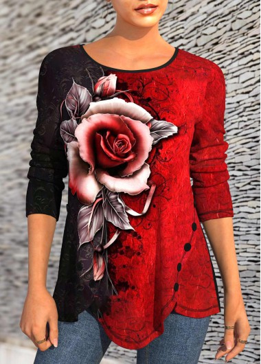 Modlily Long Sleeve Rose Print Color Block T Shirt - M