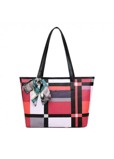 Modlily Ribbon Detail Color Block PU Plaid Tote Bag - One Size