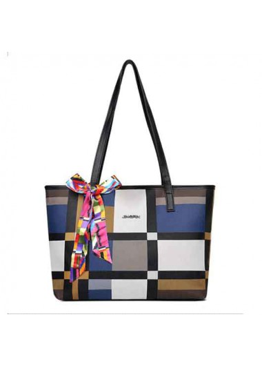 Modlily Ribbon Detail Color Block Plaid Tote Bag - One Size