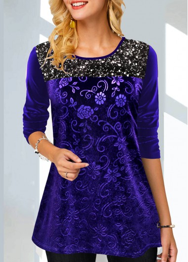 Modlily Purple Sequin Velvet Floral Print Tunic Top - M