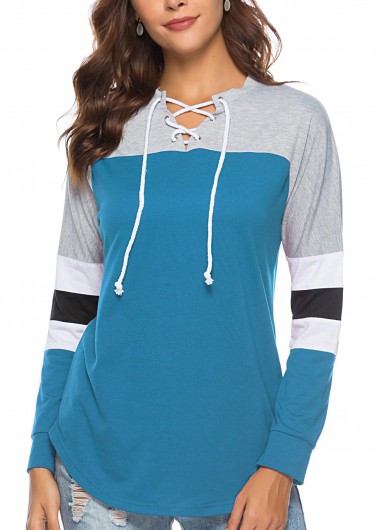 Modlily Lace Up Blue Long Sleeve Contrast T Shirt - 2XL