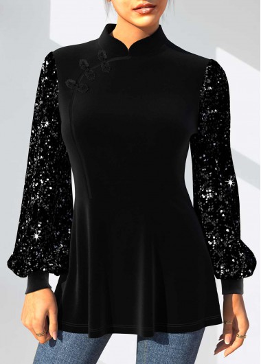 Modlily Black Sequin Velvet Stitching Mandarin Collar Blouse - M