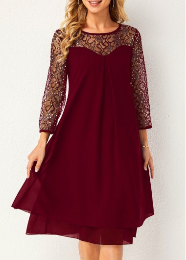 Modlily Lace Stitching Sequin Wine Red Dress - L