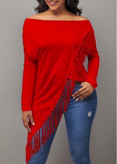 Modlily Off Shoulder Red Tassel Asymmetric Hem T Shirt - 3XL