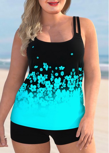 Modlily Plus Size Cyan Floral Tankini Swimsuit With Shorts Ombre Floral Print Spaghetti Strap Tankini Set - 2X