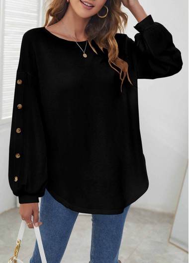 Modlily Decorative Button Long Sleeve Black T Shirt - 2XL