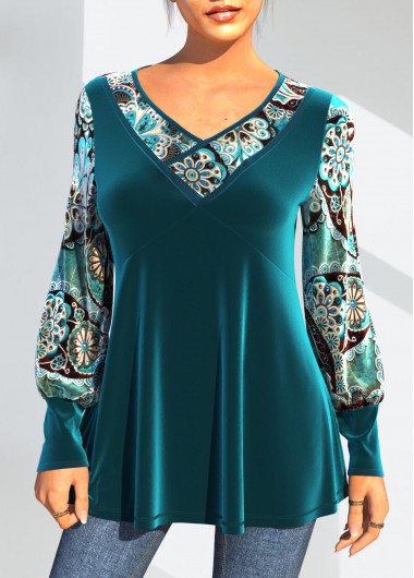 Modlily Tribal Print Velvet Stitching Peacock Blue T Shirt - M