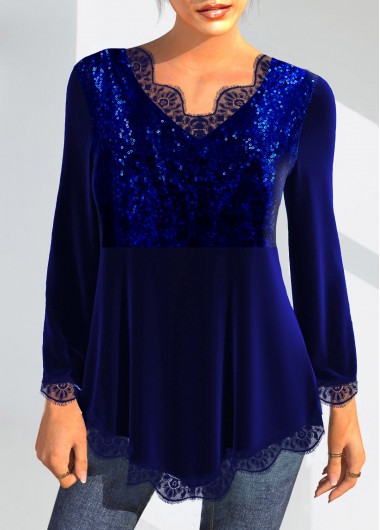 Modlily Sequin Lace Velvet Stitching Royal Blue T Shirt - XL