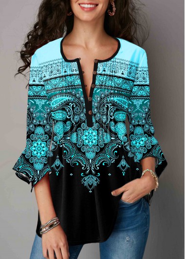 Modlily Hanky Cuff Tribal Print Cyan Blouse - L