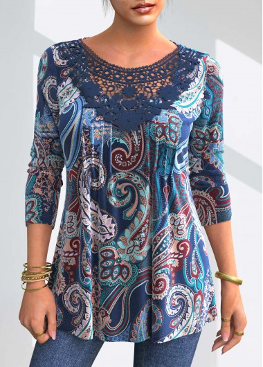 Modlily Paisley Print Velvet Lace Stitching Long Sleeve T Shirt - S