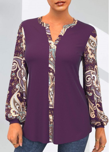 Modlily Paisley Print Split Neck Purple Blouse - L
