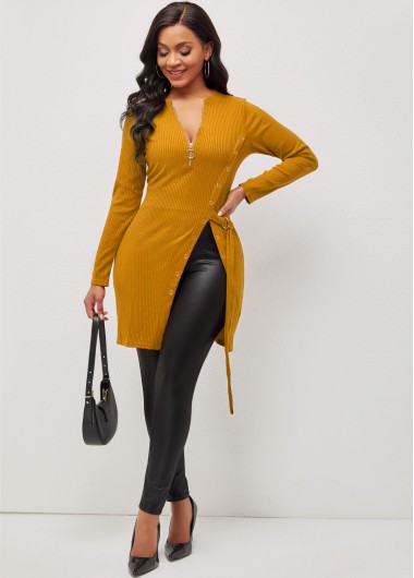 Modlily Quarter Zip Grommet Side Slit Ginger Blouse - XL