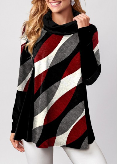 Modlily Geometric Print Cowl Neck Color Block T Shirt - M