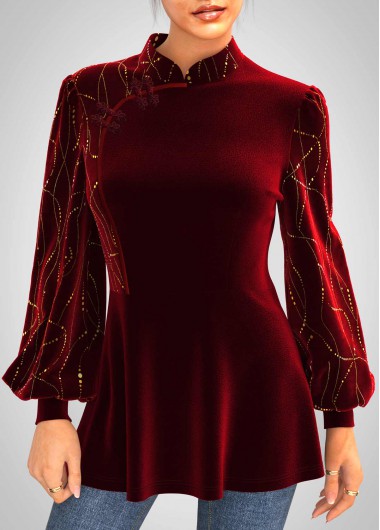 Modlily Velvet Stitching Wine Red Hot Stamping Blouse - XXL