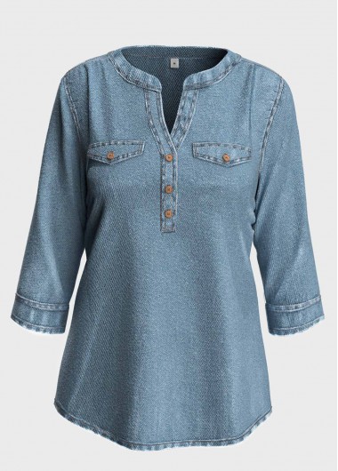 Modlily Split Neck 3/4 Sleeve Denim Blue Blouse - XXL