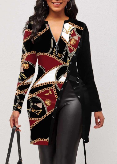 Modlily Quarter Zip Chain Print Grommet Multi Color Blouse - 3XL