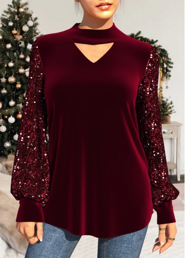 Modlily Velvet Stitching Wine Red Sequin T Shirt - M