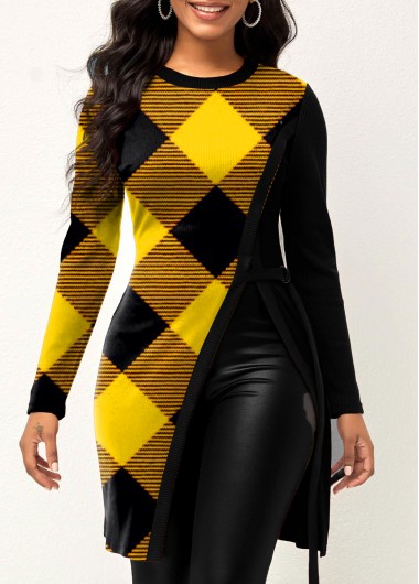 Modlily Side Slit Plaid Round Neck Yellow T Shirt - XL