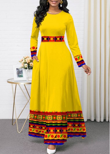 Modlily Yellow Tribal Print Long Sleeve Maxi Dress - M