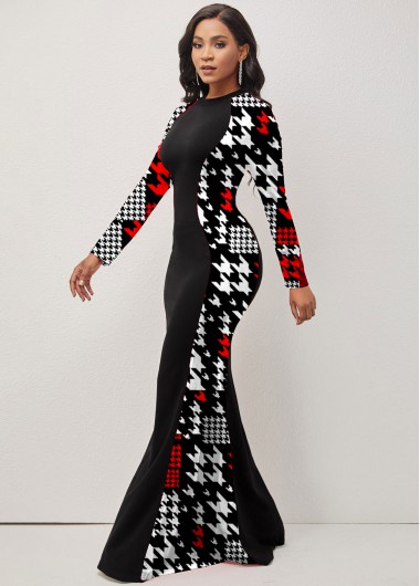 Modlily Houndstooth Print Round Neck Black Dress - L