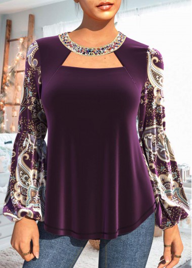 Modlily Paisley Print Embellished Neck Velvet Purple T Shirt - M