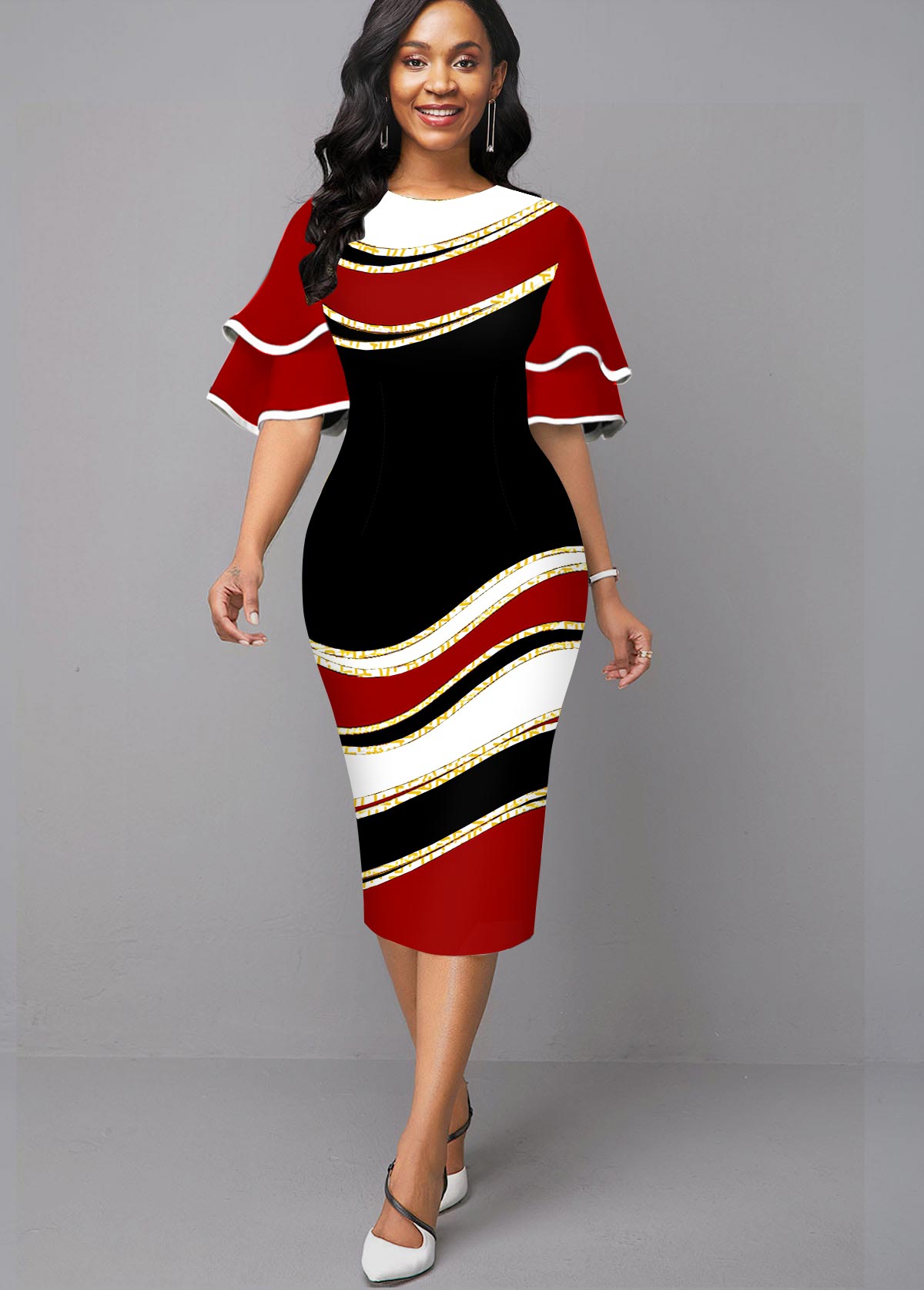 Plus Size Layered Bell Sleeve Geometric Print Dress