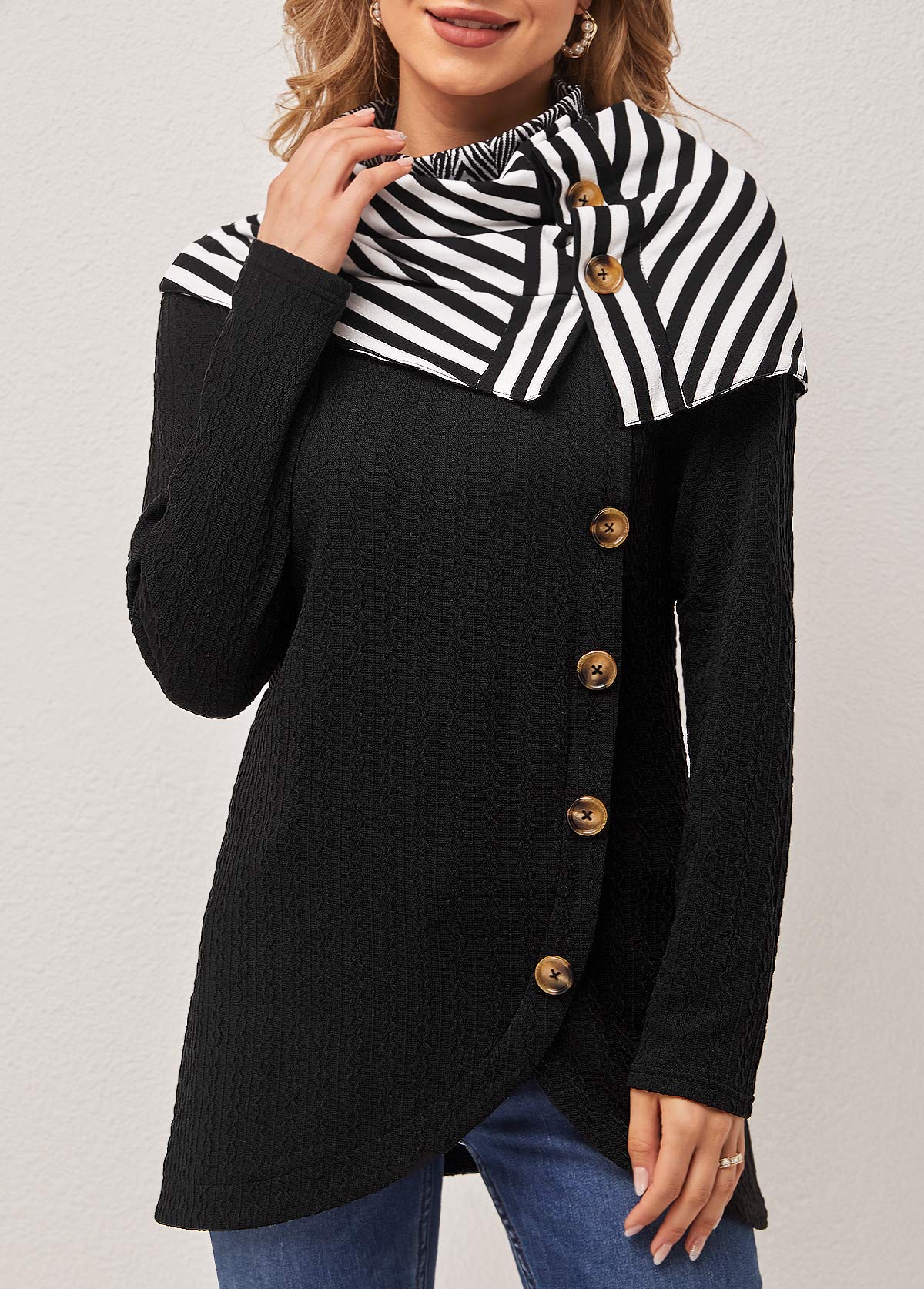 Black Striped Decorative Button Cape Sleeve Sweatshirt