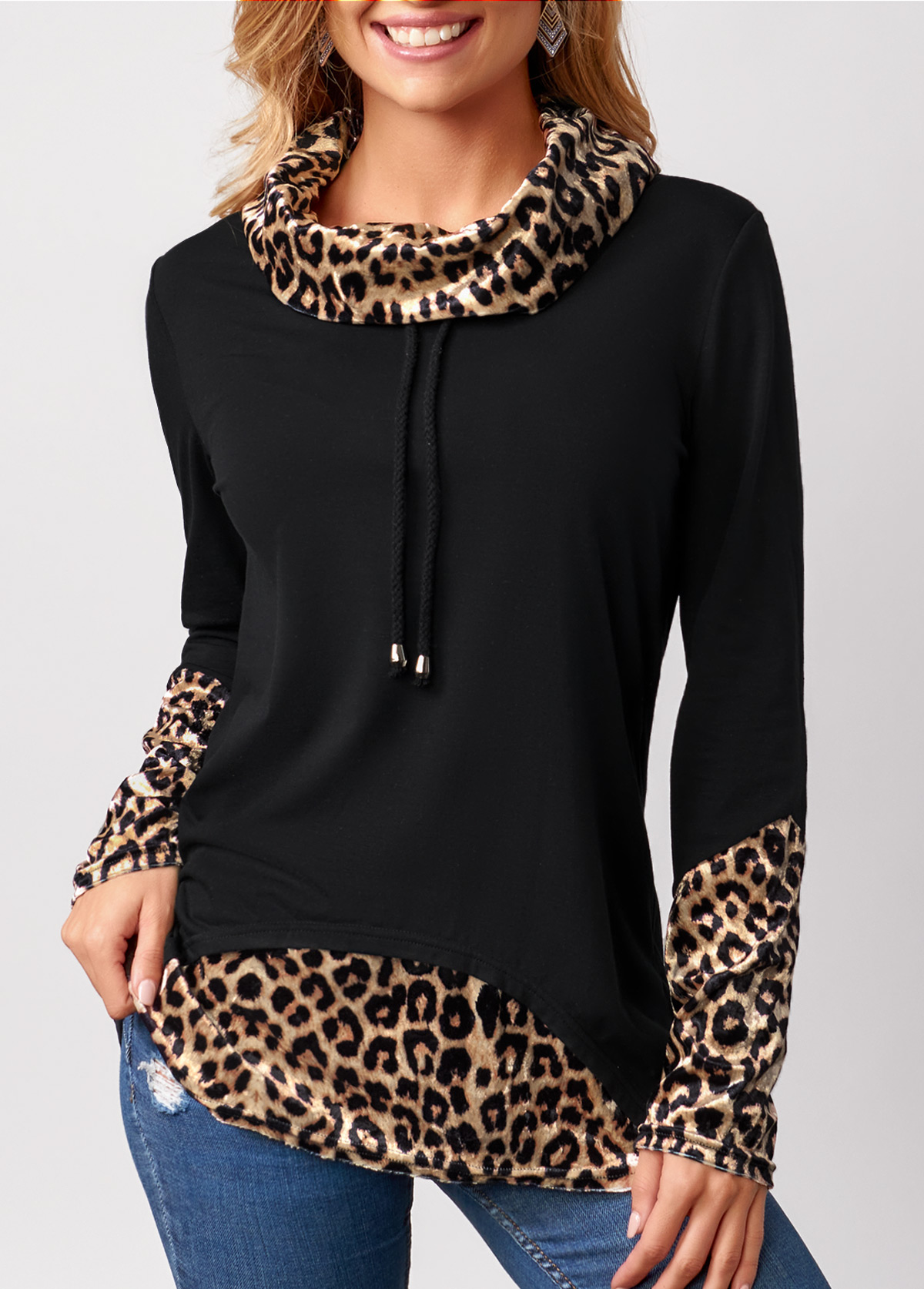 Leopard Long Sleeve Black Drawstring T Shirt