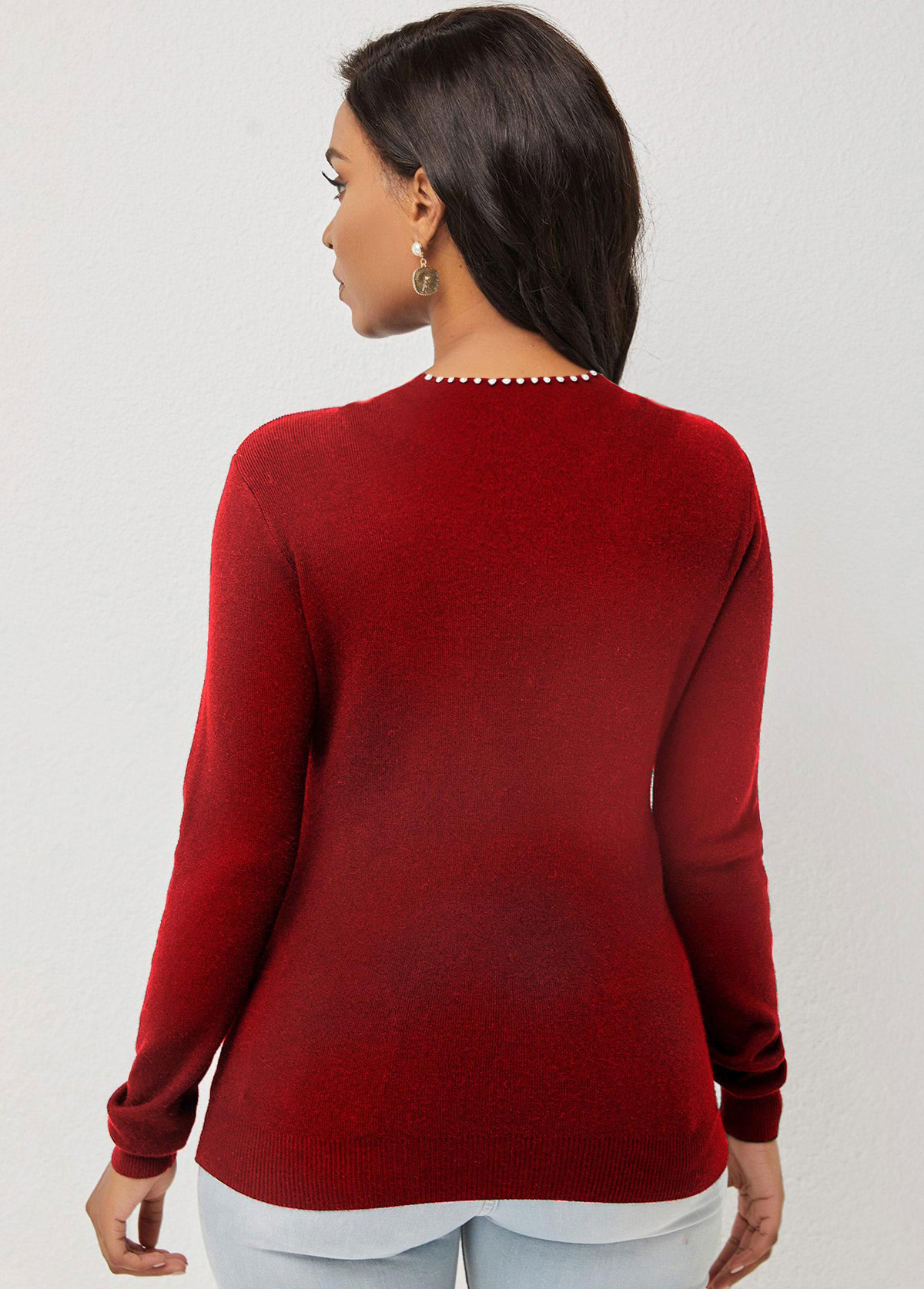 Wine Red Pearl Detail Keyhole Neckline Sweater