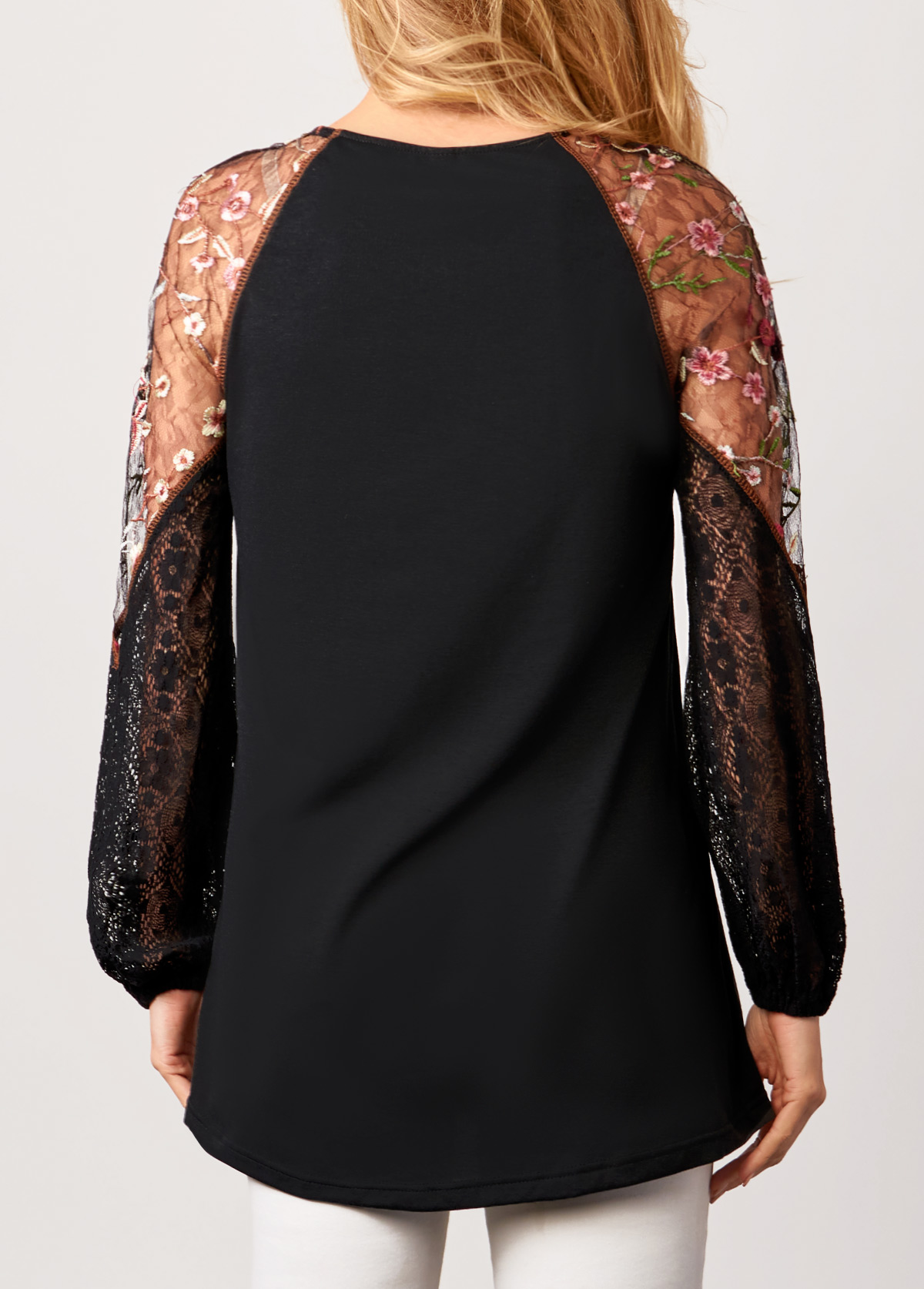 Lace Stitching Long Sleeve Black Blouse
