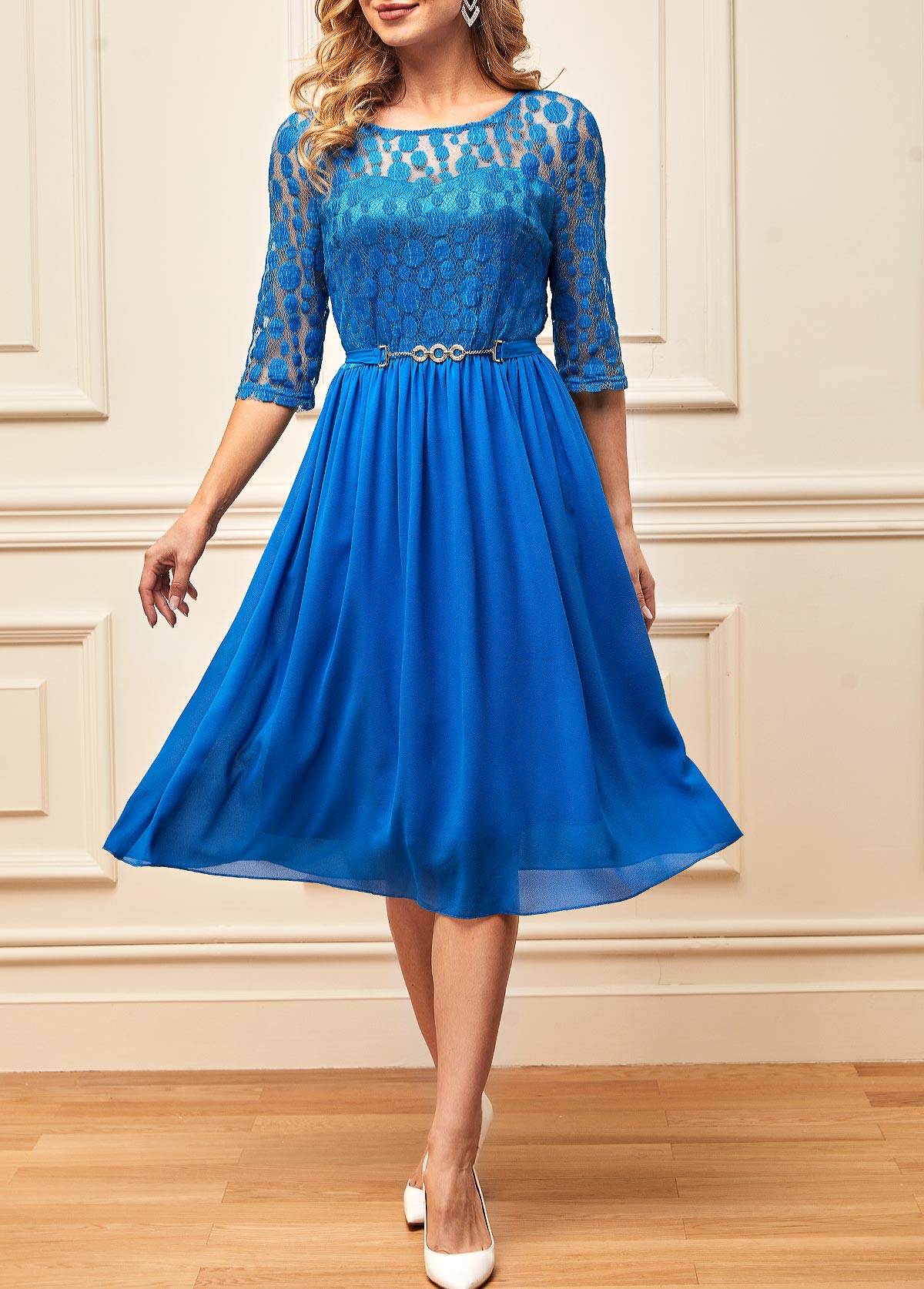 Lace Stitching 3/4 Sleeve Blue Round Neck Dress