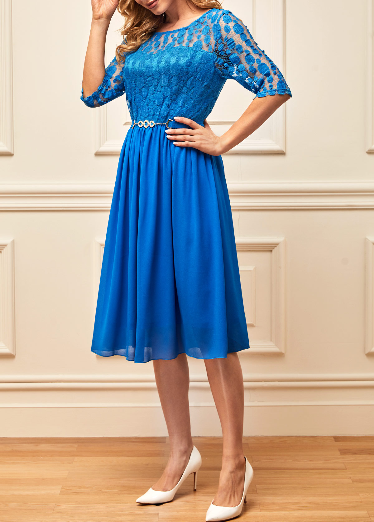 Lace Stitching 3/4 Sleeve Blue Round Neck Dress
