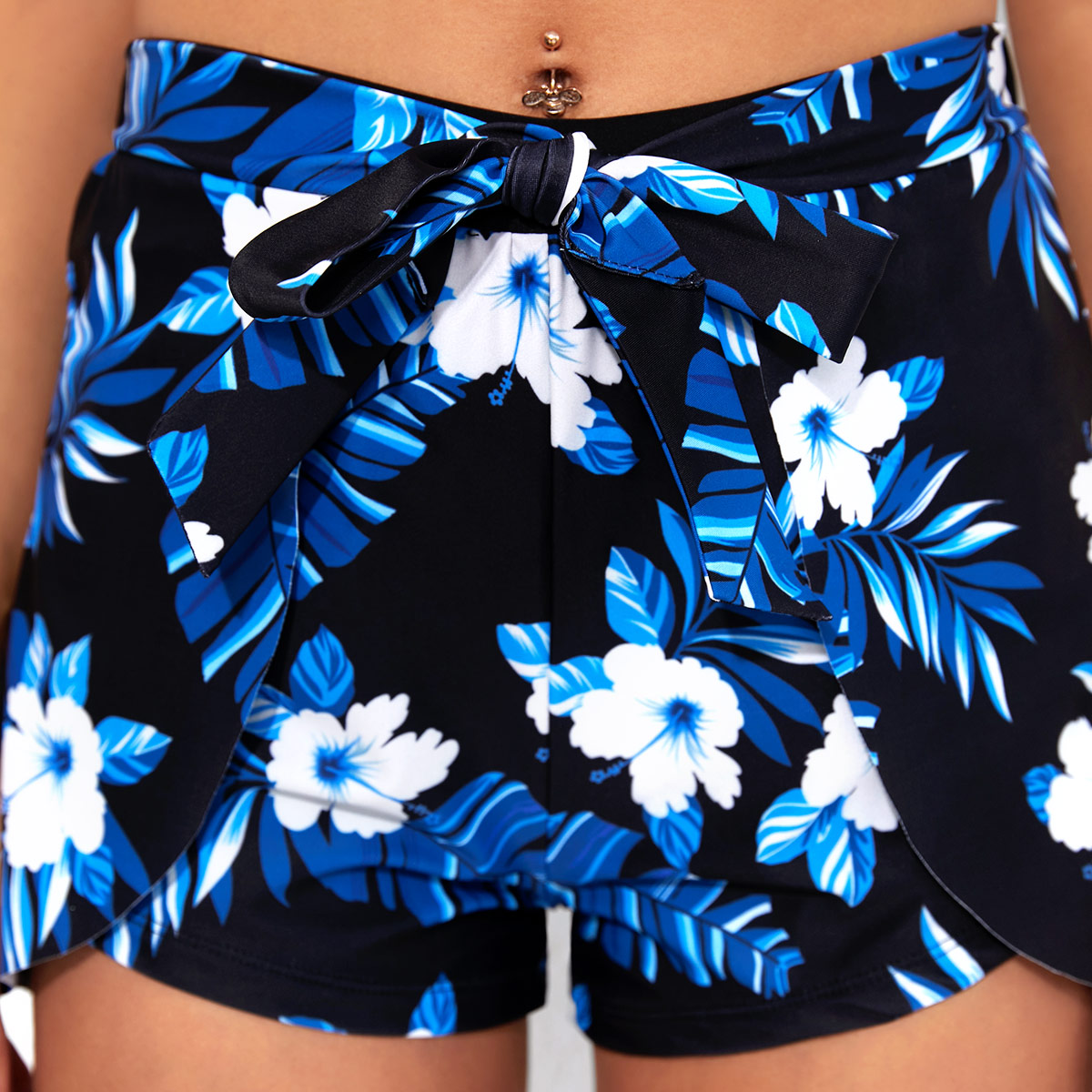 Tropical Print Halter Royal Blue Mid Waist Bikini Set