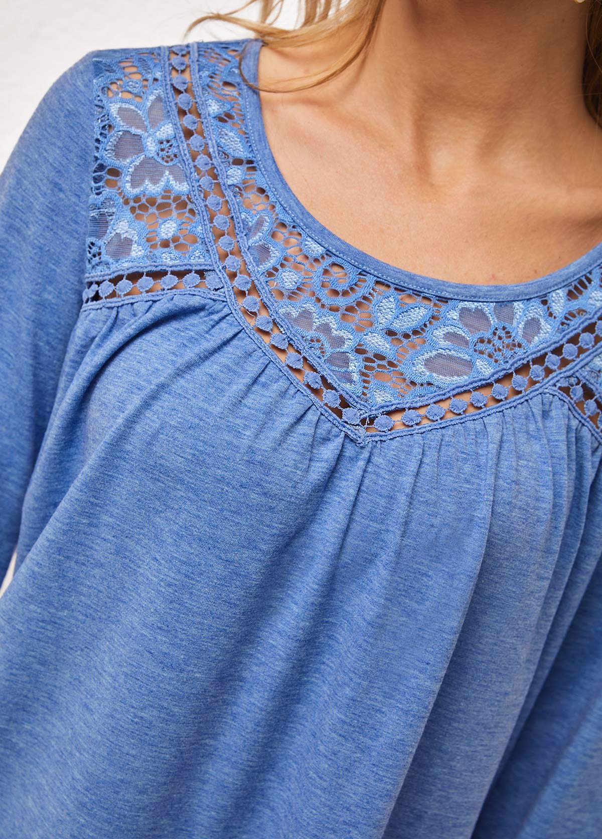 Lace Stitching Round Neck Blue T Shirt