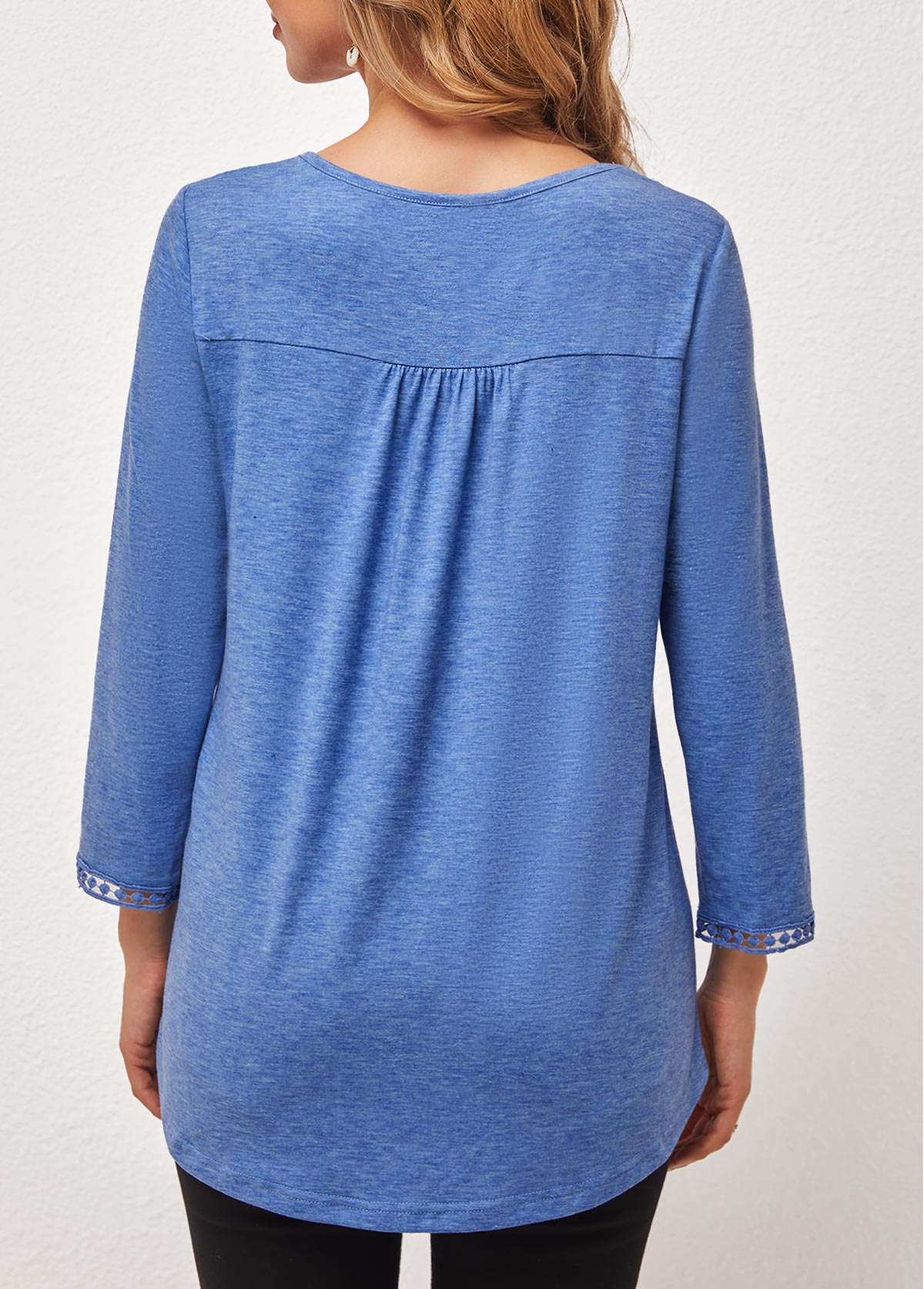 Lace Stitching Round Neck Blue T Shirt | picture 