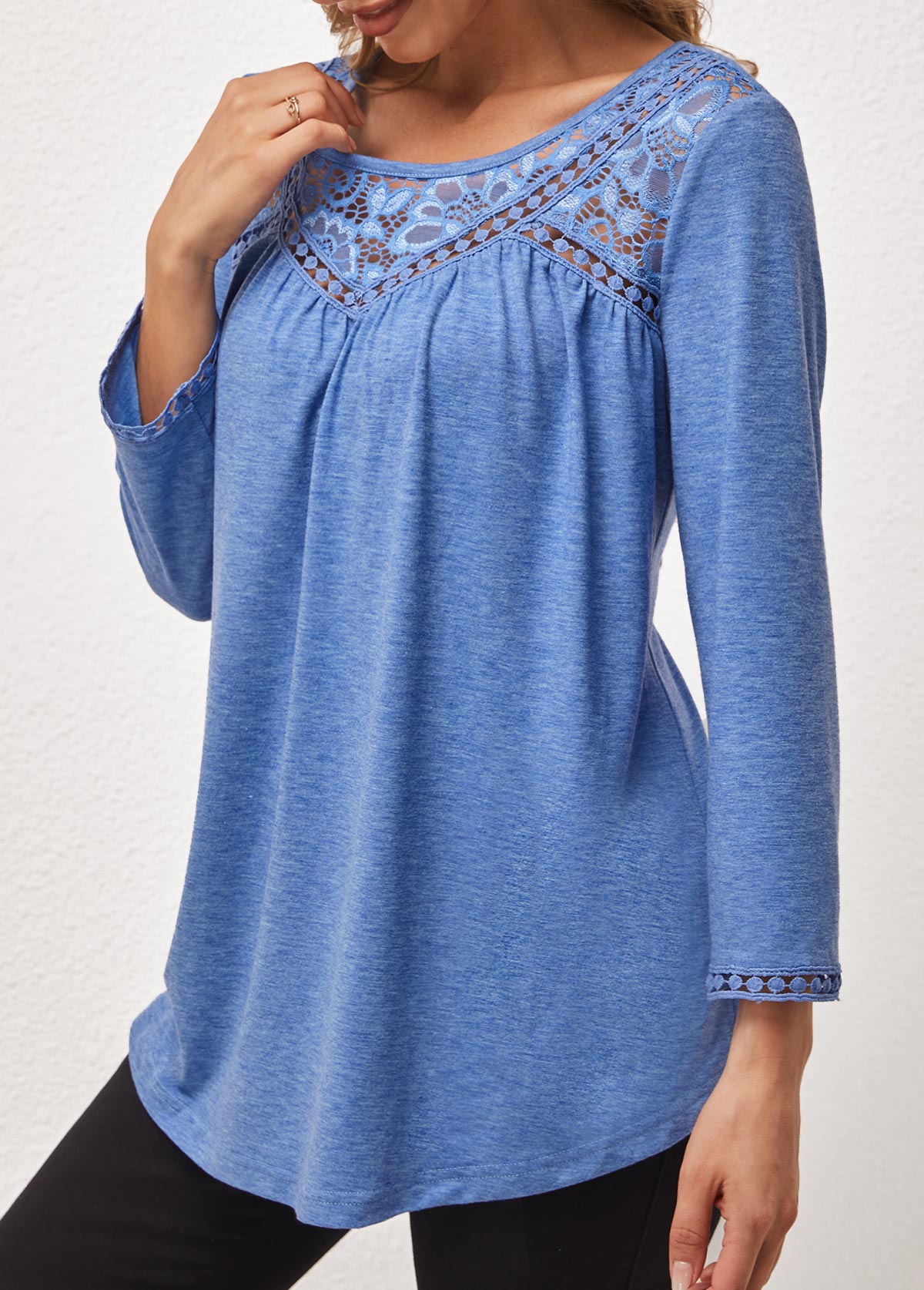 Lace Stitching Round Neck Blue T Shirt | picture 
