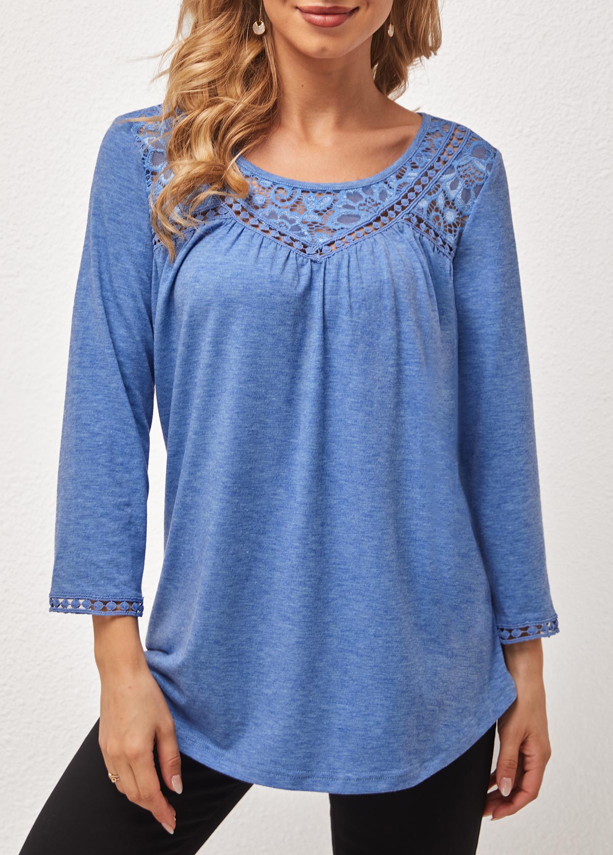 Lace Stitching Round Neck Blue T Shirt