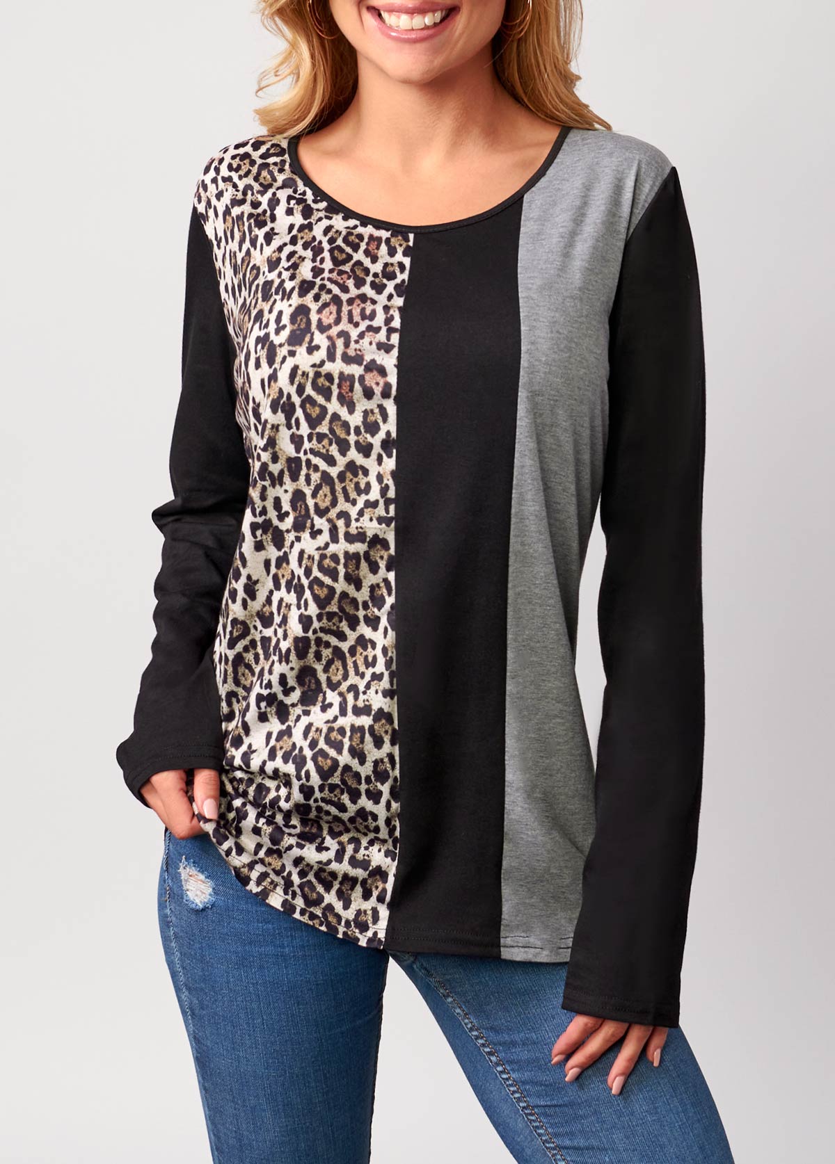 Black Leopard Round Neck Long Sleeve T Shirt