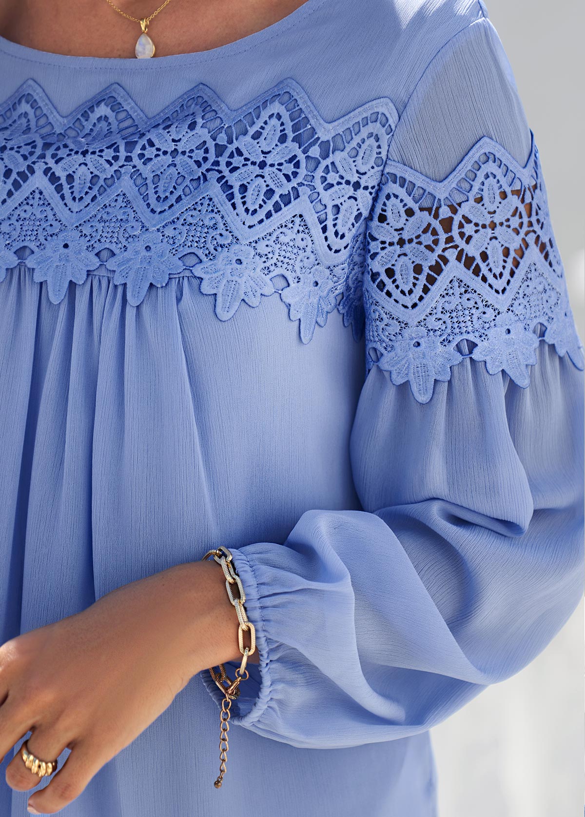 Lace Stitching Long Sleeve Blue Blouse