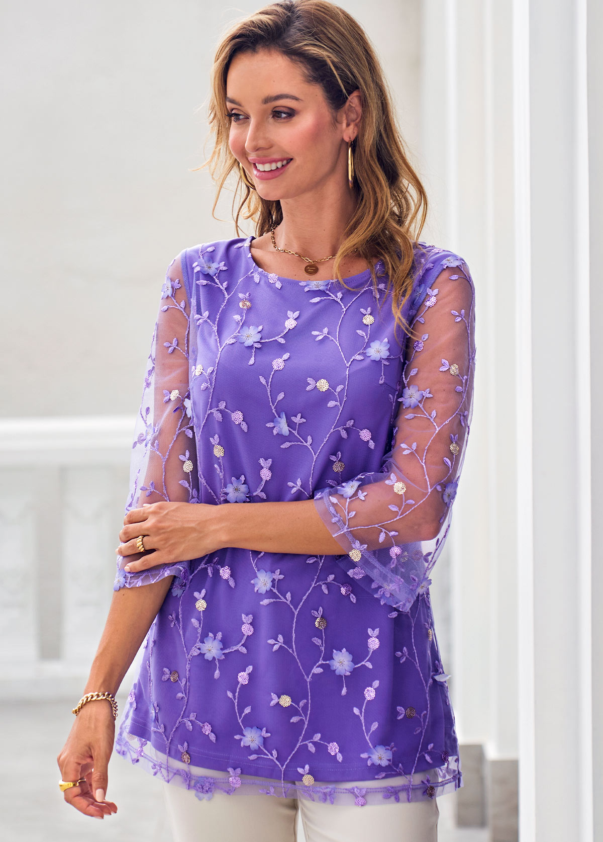 Mesh Stitching Embroidered Purple 3/4 Sleeve Blouse