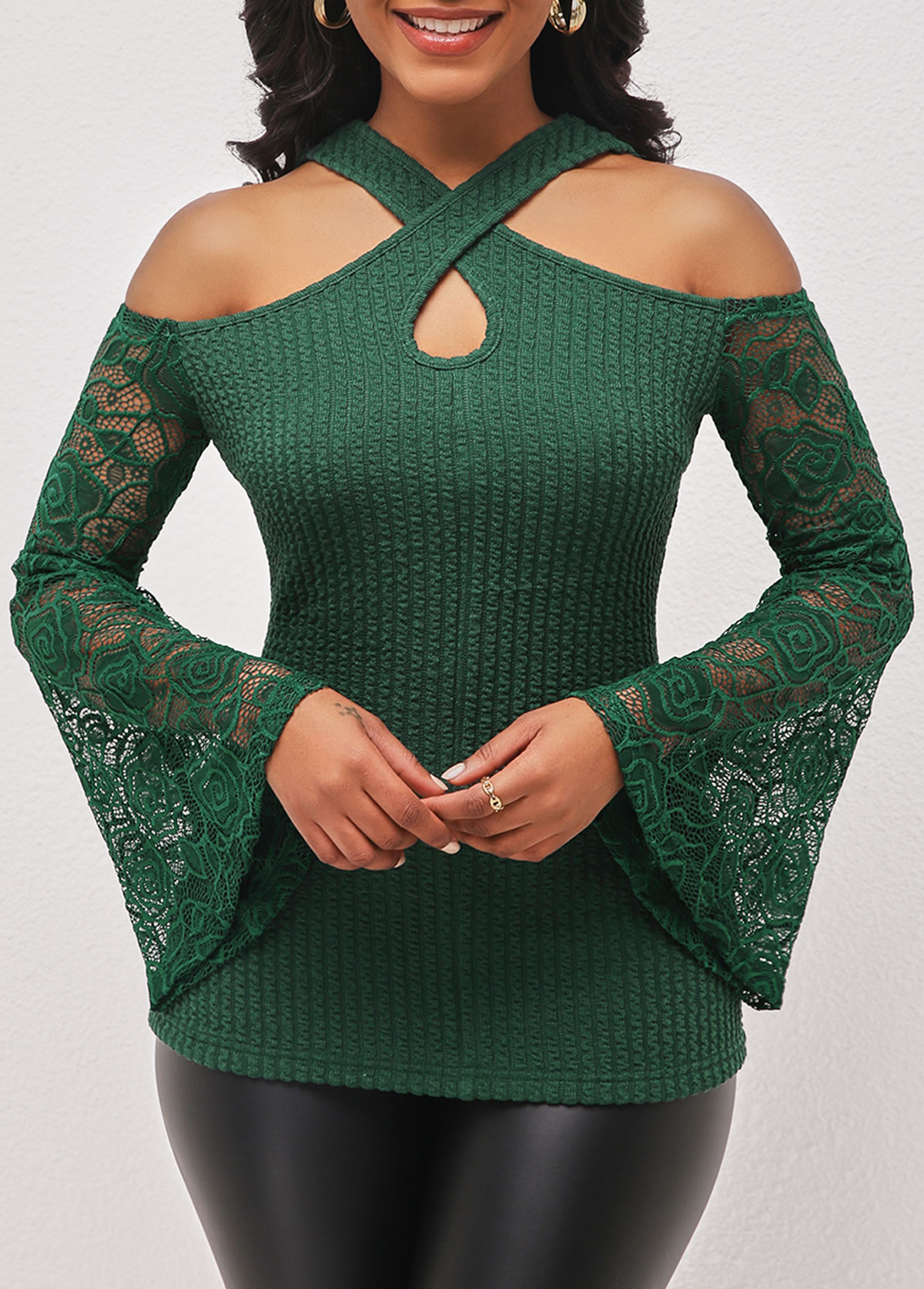 Blackish Green Cold Shoulder Lace Stitching T Shirt