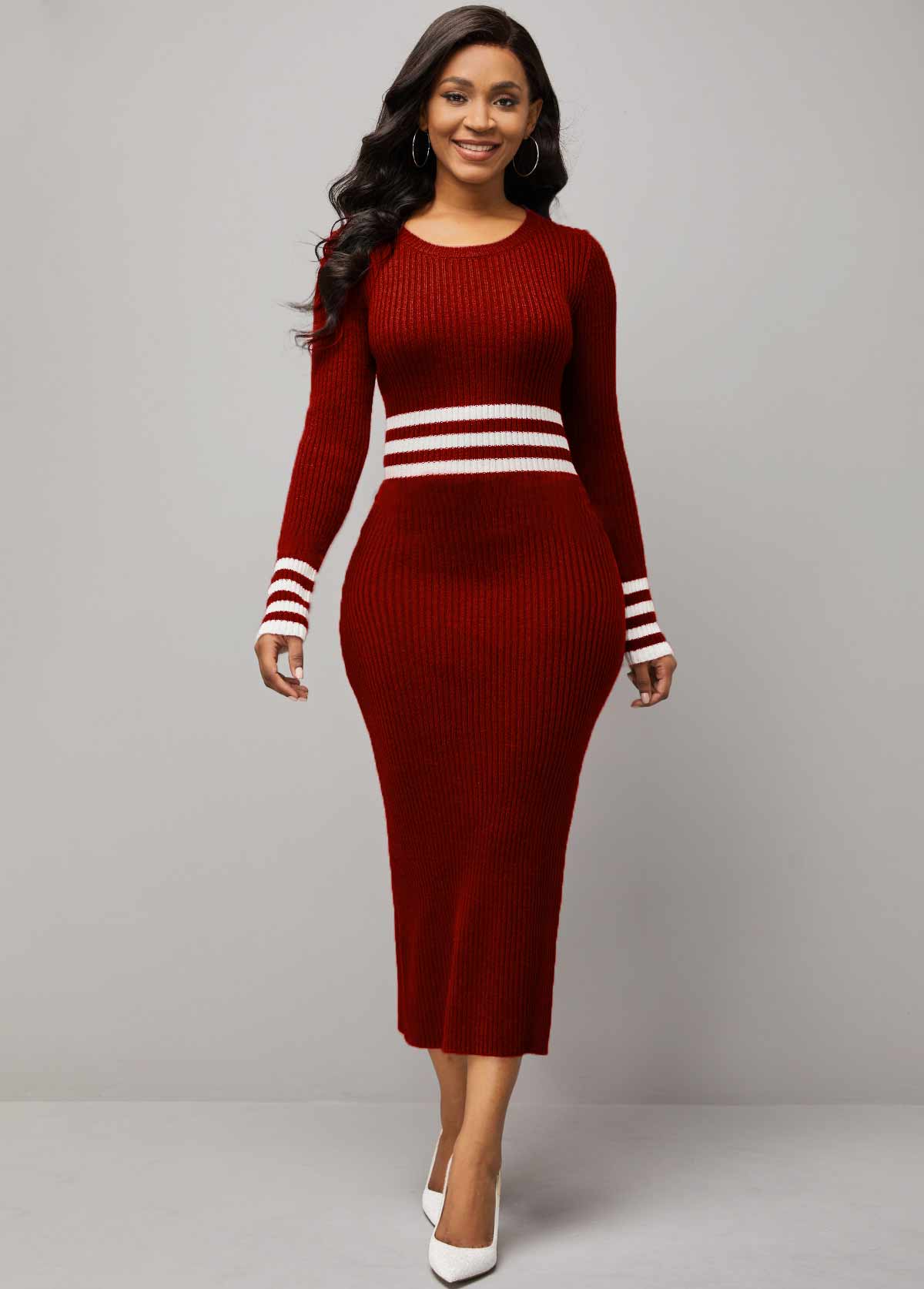 Round Neck Striped Long Sleeve Red Sweater Dress