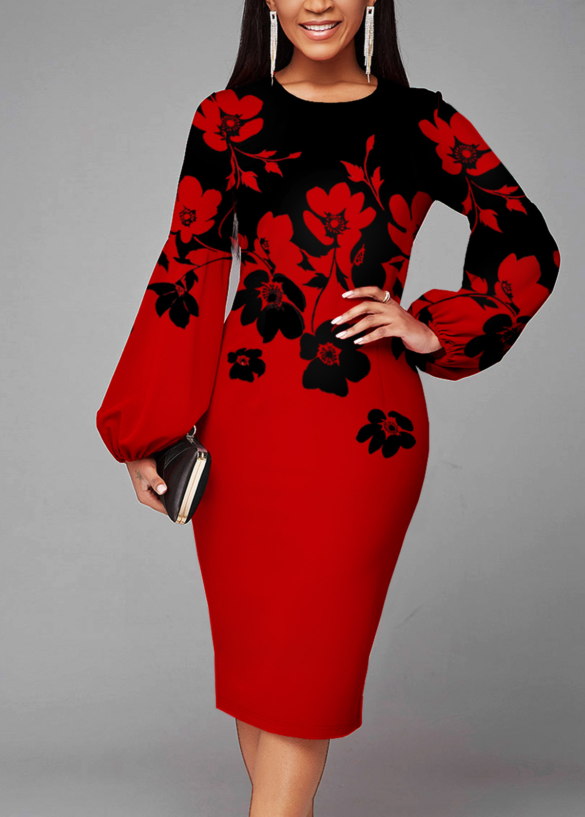 Red Floral Print Long Sleeve Dress