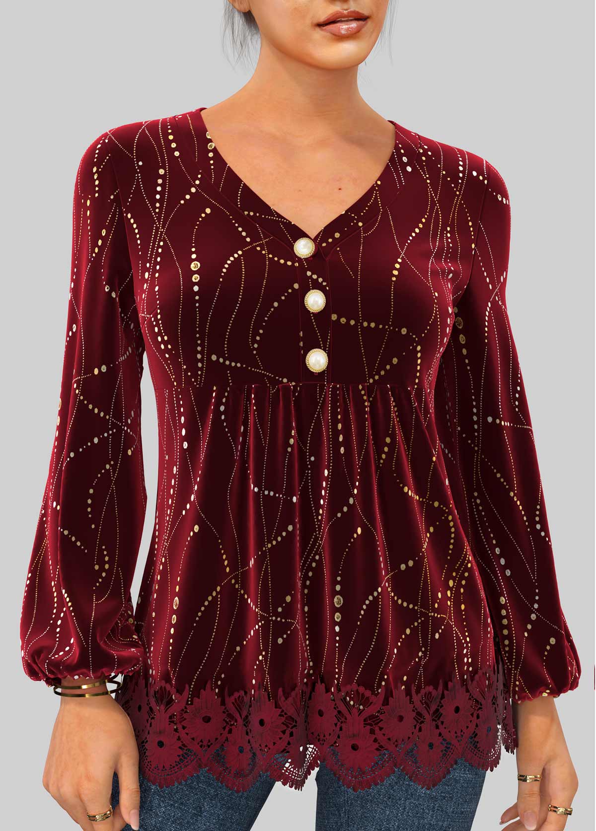 Hot Stamping Wine Red Velvet Stitching Blouse | modlily.com - USD 22.99