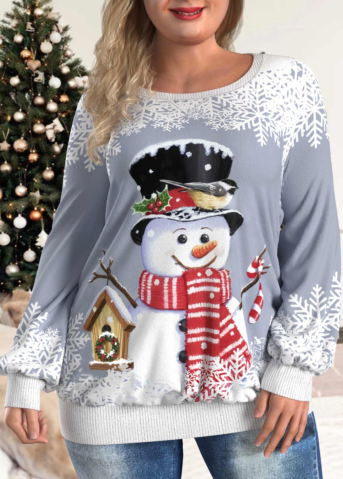 Plus Size Grey Christmas Snowman Print Long Sleeve Sweatshirt
