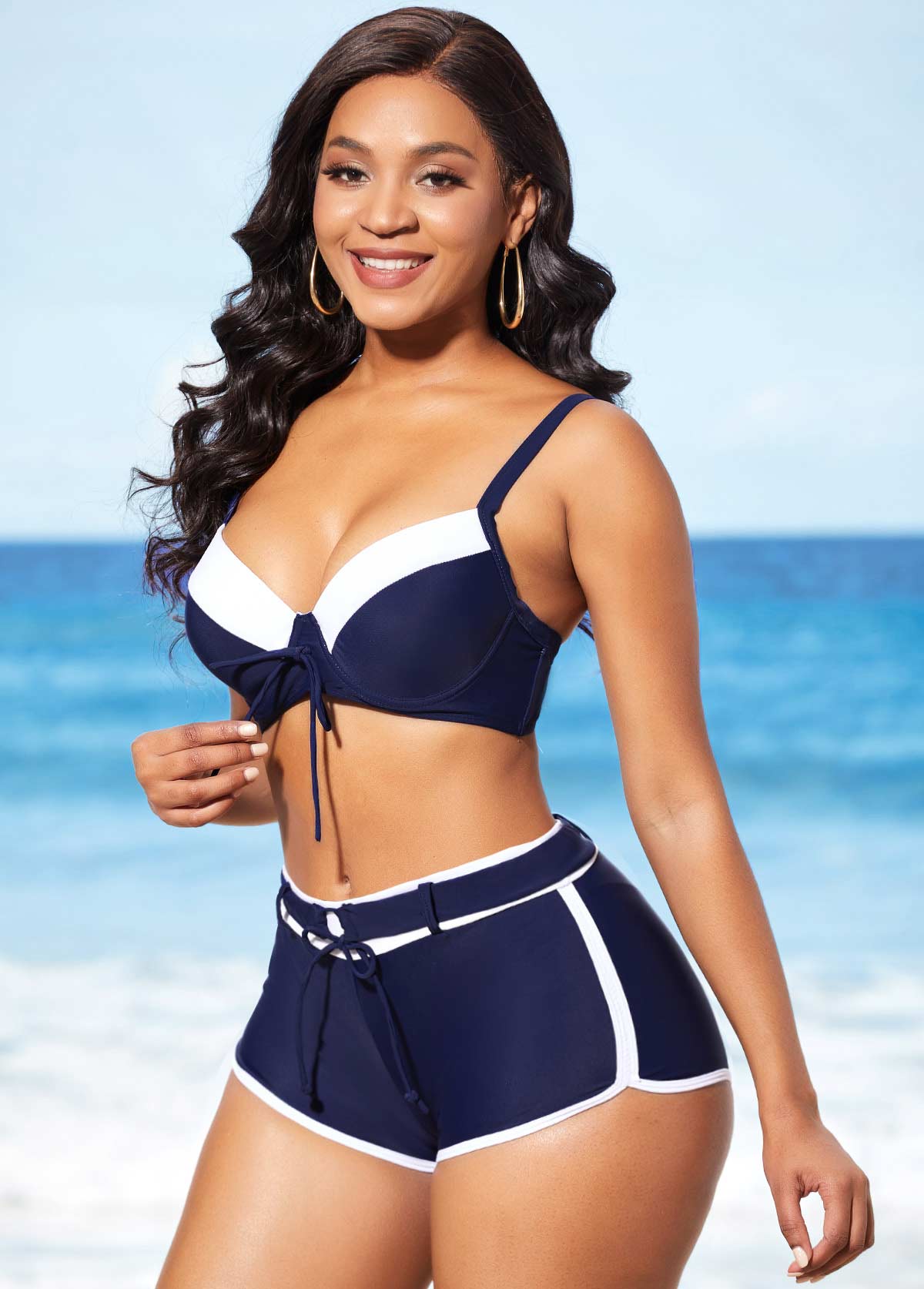 Navy Blue Mid Waist Drawstring Front Bikini Set