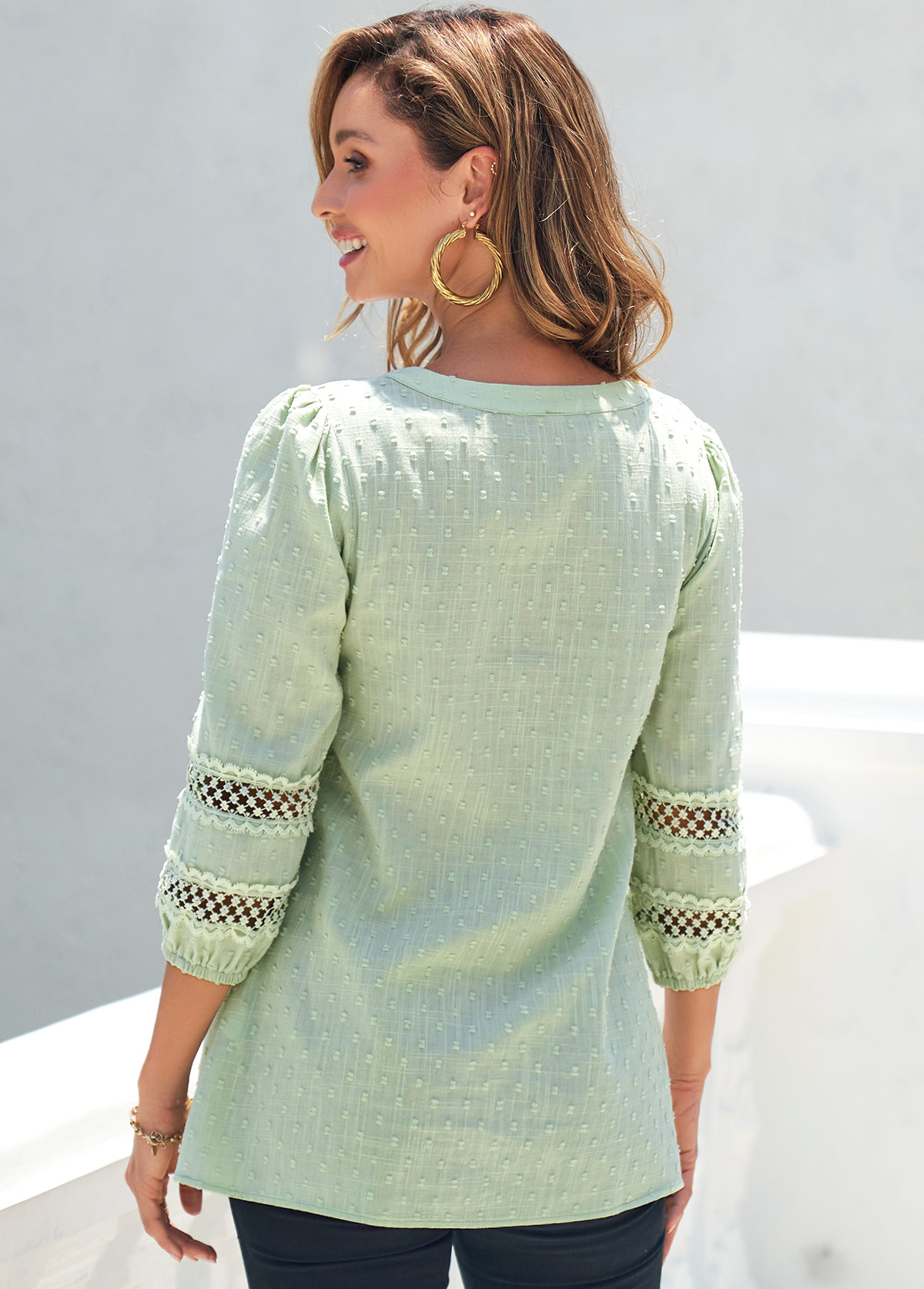 Light Green Lace 3/4 Sleeve Split Neck Blouse | picture 