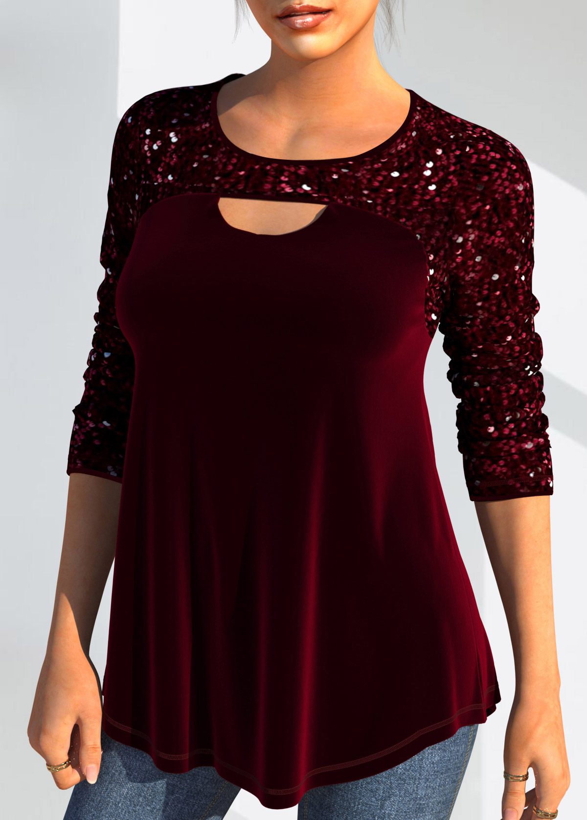 Wine Red Cut Out Long Sleeve Round Neck Blouse | picture 