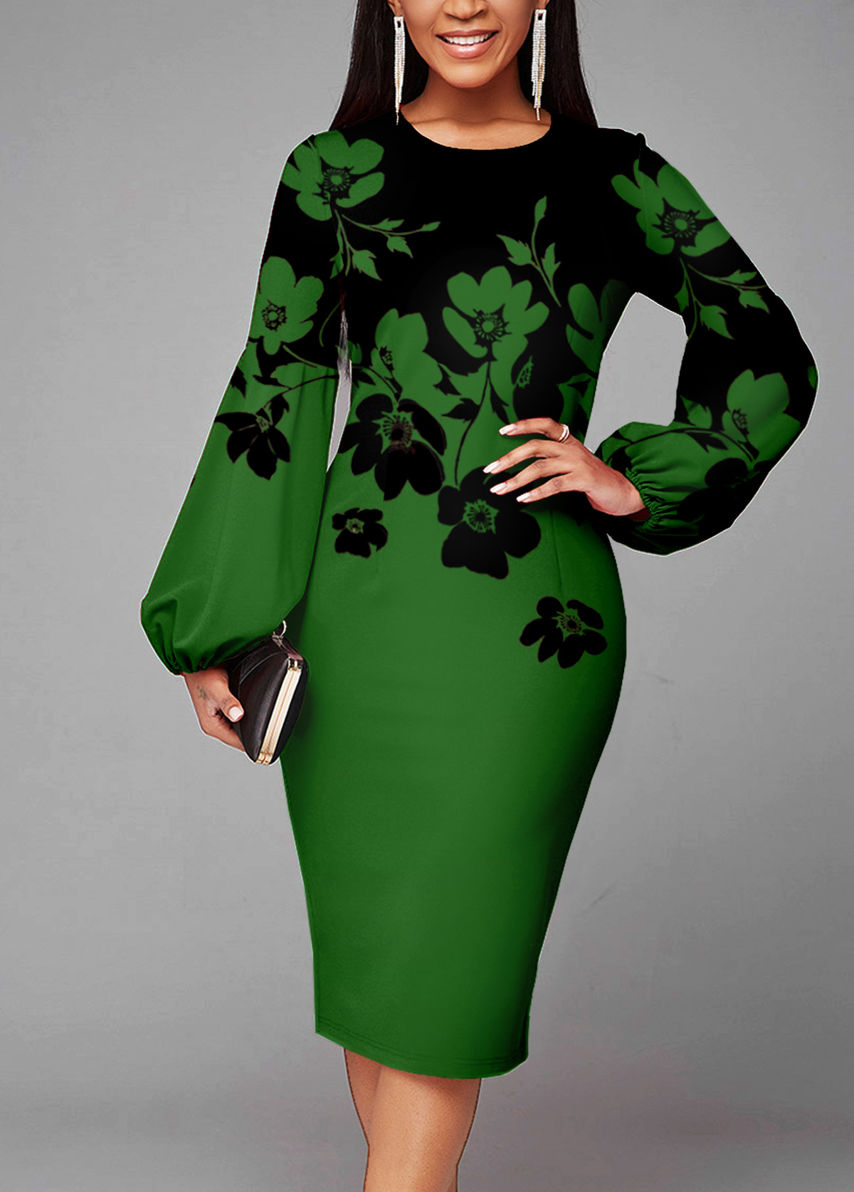 Green Floral Print Round Neck Dress