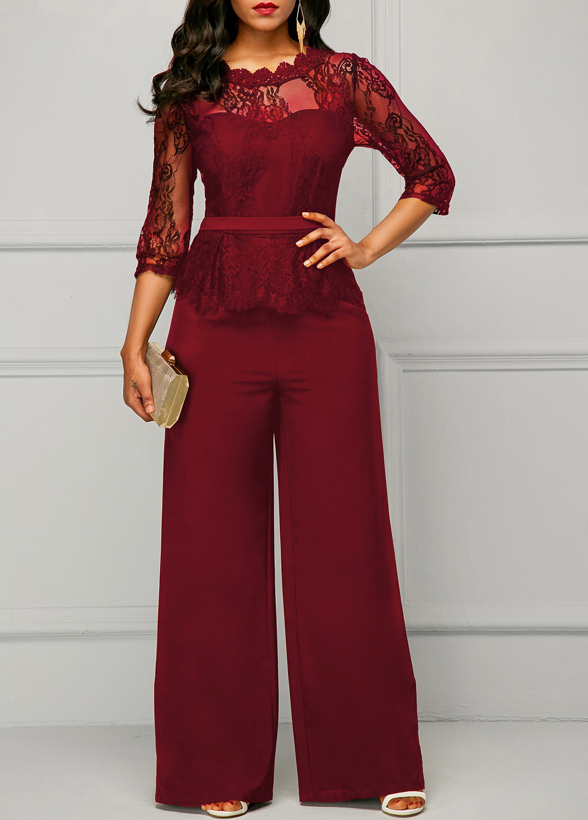 Lace Panel Round Neck Wine Red Jumpsuit